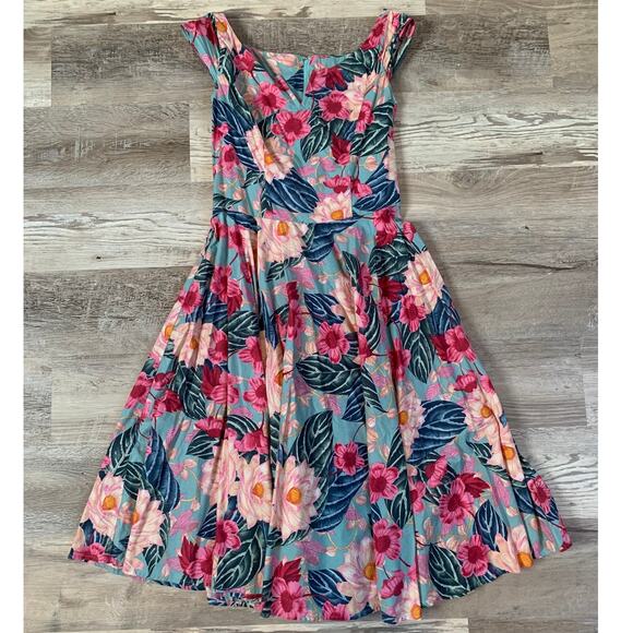 Hell Bunny Dresses & Skirts - Hell Bunny Retro Tropical Floral Fit and Flare Dress Blue Pink Size S